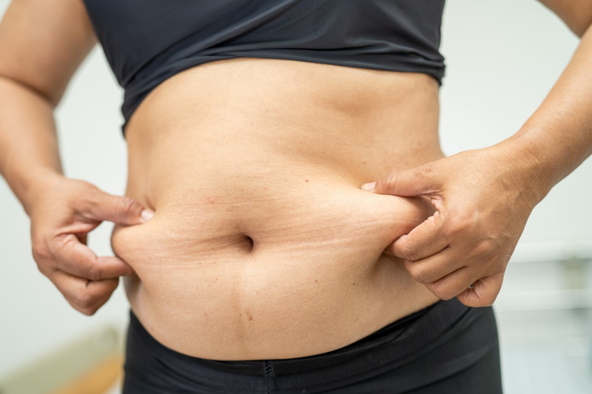 Asian Woman Show Fat Belly at Office.